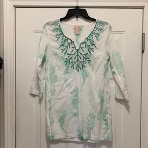 100% Cotton White and Mint Green Seahorse Tunic Semi-Sheer Swim Cover-Up Top